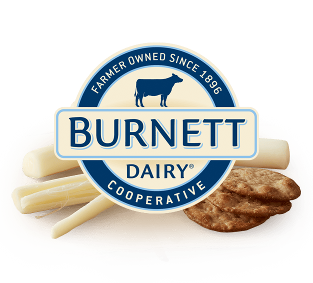 Fresh Burnett Dairy cheese products with sausage and white cheese sticks, emphasizing quality and farm-to-table freshness for foodservice applications.